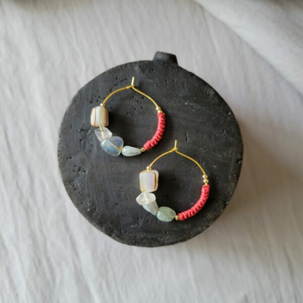 Colorful Gemstones Raffia Earrings on Stainless Steel Wire Hoops-Red