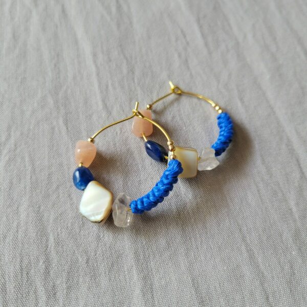 Colorful Gemstones Raffia Earrings on Stainless Steel Wire Hoops-Blue