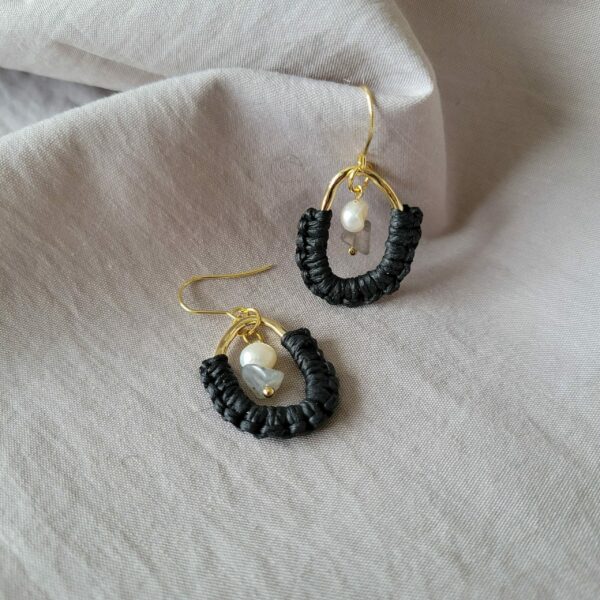 Vibrant Gemstone Raffia Earrings - Oval Shaped, Stainless Steel-Black Statement Jewelry