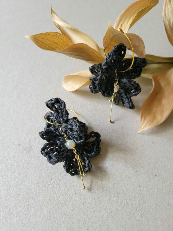 Handcrafted Floral Raffia Earrings with Gemstones and Stainless Steel Studs - Unique Botanical Jewelry Black